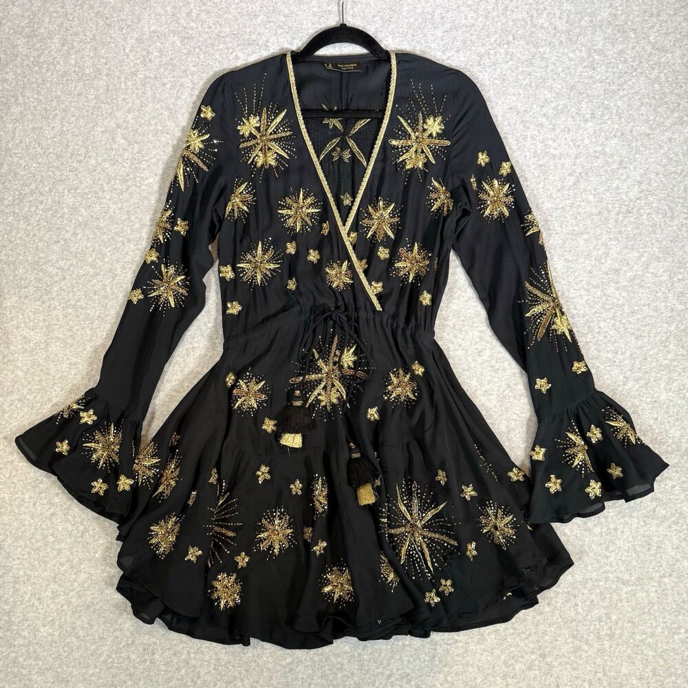 Ginas Boutique Paris Dress Black Gold Star Sequin Beaded Mini Celestial S/M